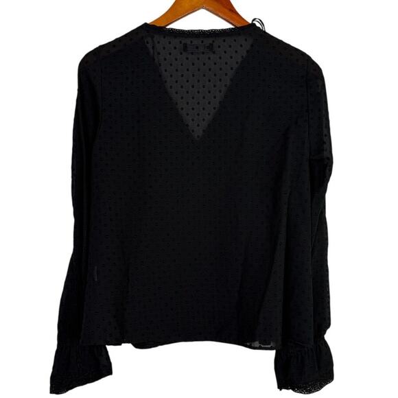 Zara Swiss Dotted Ruffle Detail Semi Sheer Long Sleeve V Neck Blouse XS Black - Picture 6 of 15